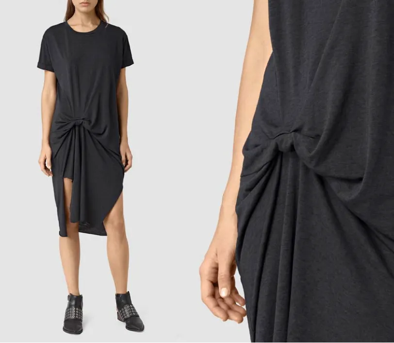 Two campaign images of a black knotted dress
