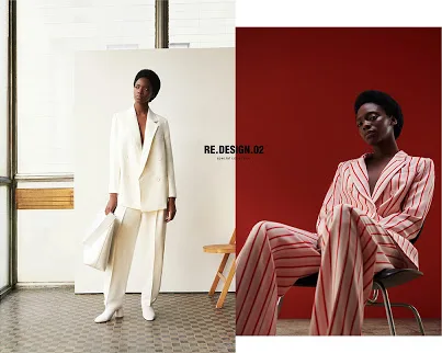 Two Re.Design campaign images: white and striped tailoring